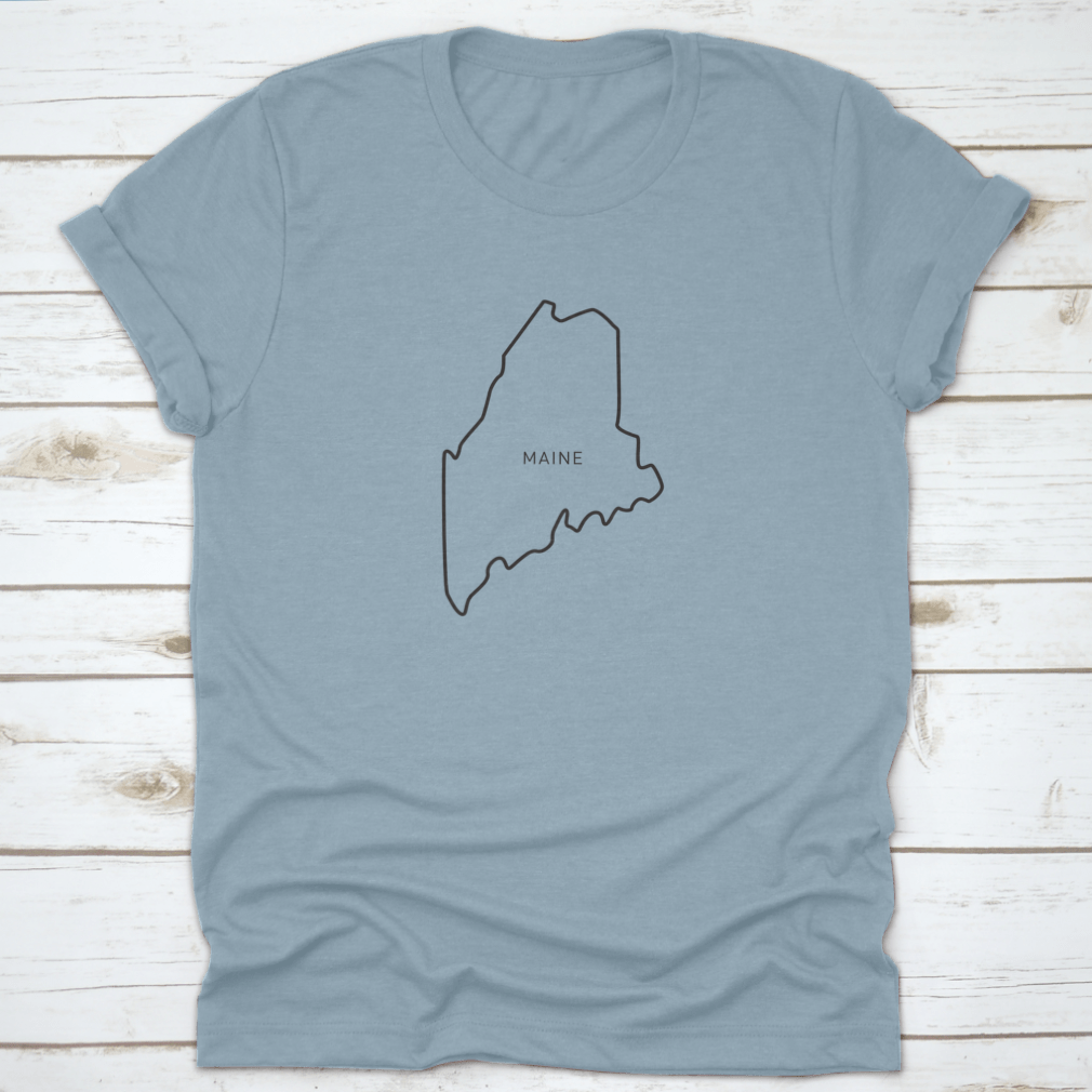 A stylish t-shirt featuring a simple typography outline of the state of Maine, made from high-quality cotton fabric.